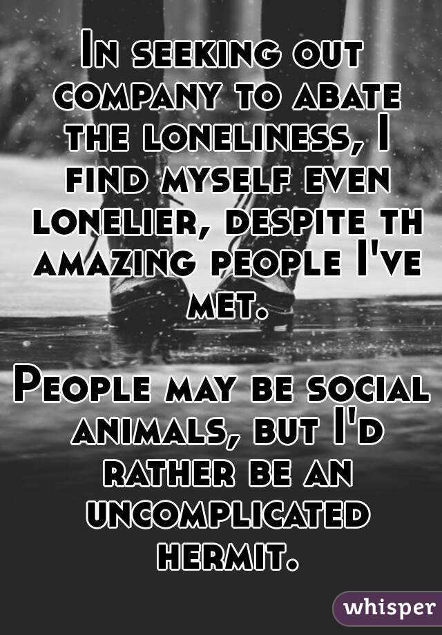 In seeking out company to abate the loneliness, I find myself even lonelier, despite th amazing people I've met.

People may be social animals, but I'd rather be an uncomplicated hermit.