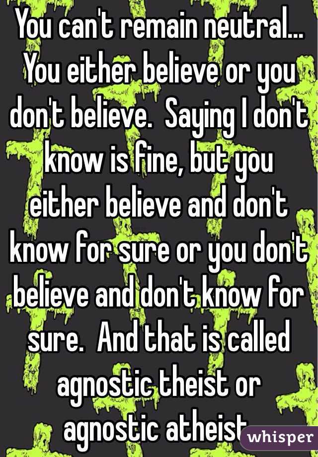 You can't remain neutral... You either believe or you don't believe.  Saying I don't know is fine, but you either believe and don't know for sure or you don't believe and don't know for sure.  And that is called agnostic theist or agnostic atheist. 