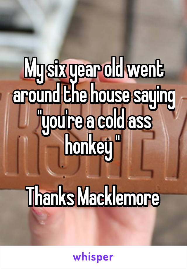 My six year old went around the house saying "you're a cold ass honkey " 

Thanks Macklemore 