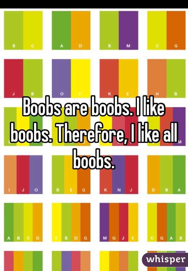 Boobs are boobs. I like boobs. Therefore, I like all boobs.