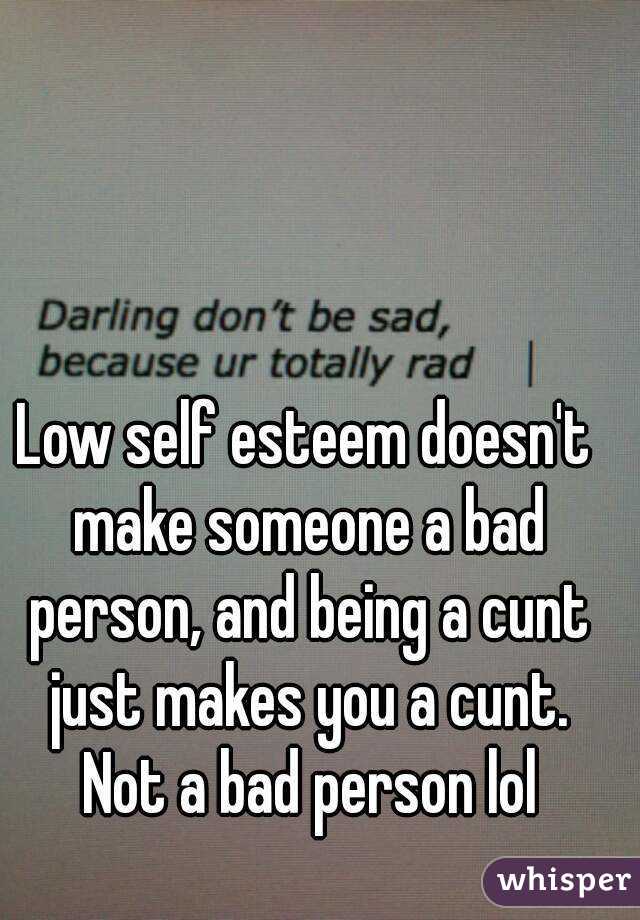 Low self esteem doesn't make someone a bad person, and being a cunt just makes you a cunt. Not a bad person lol