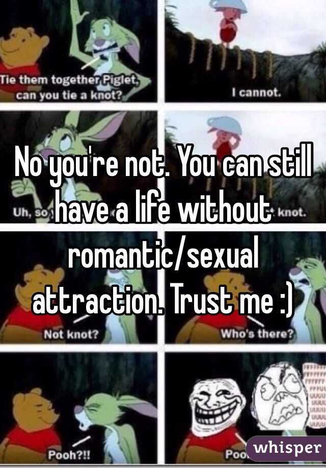 No you're not. You can still have a life without romantic/sexual attraction. Trust me :)