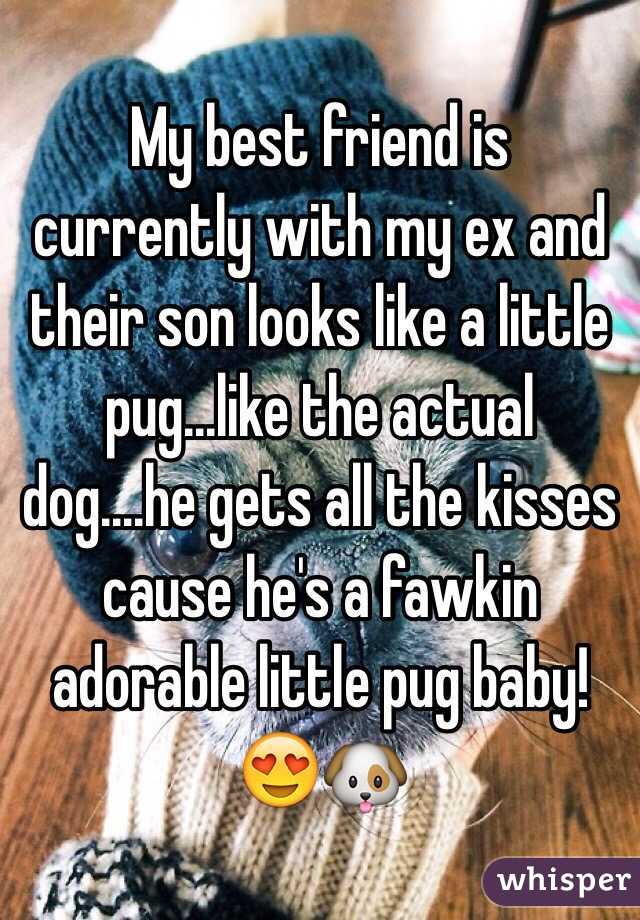 My best friend is currently with my ex and their son looks like a little pug...like the actual dog....he gets all the kisses cause he's a fawkin adorable little pug baby! 😍🐶