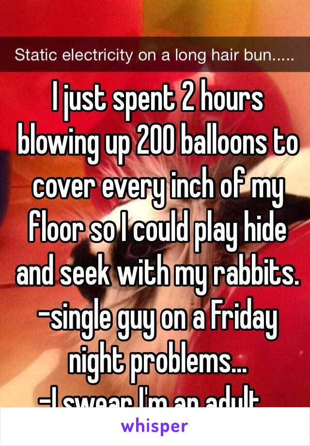 I just spent 2 hours blowing up 200 balloons to cover every inch of my floor so I could play hide and seek with my rabbits. 
-single guy on a Friday night problems... 
-I swear I'm an adult...