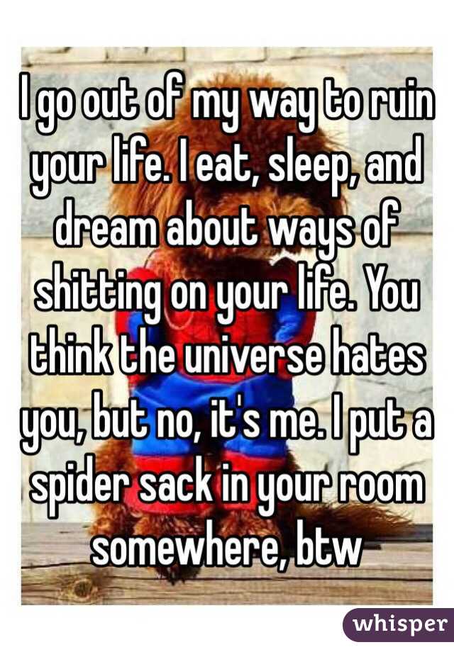 I go out of my way to ruin your life. I eat, sleep, and dream about ways of shitting on your life. You think the universe hates you, but no, it's me. I put a spider sack in your room somewhere, btw