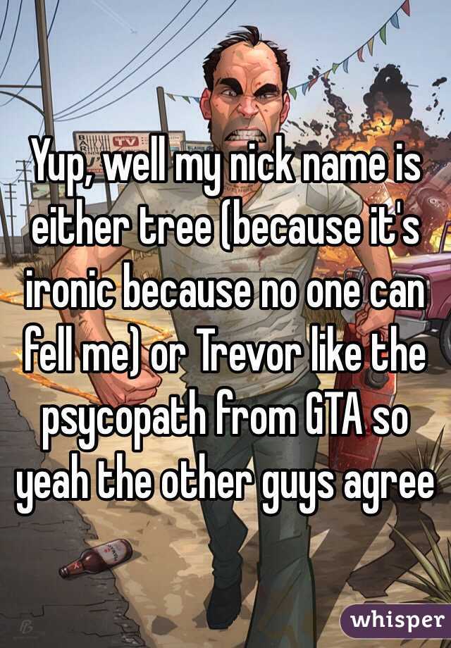 Yup, well my nick name is either tree (because it's ironic because no one can fell me) or Trevor like the psycopath from GTA so yeah the other guys agree