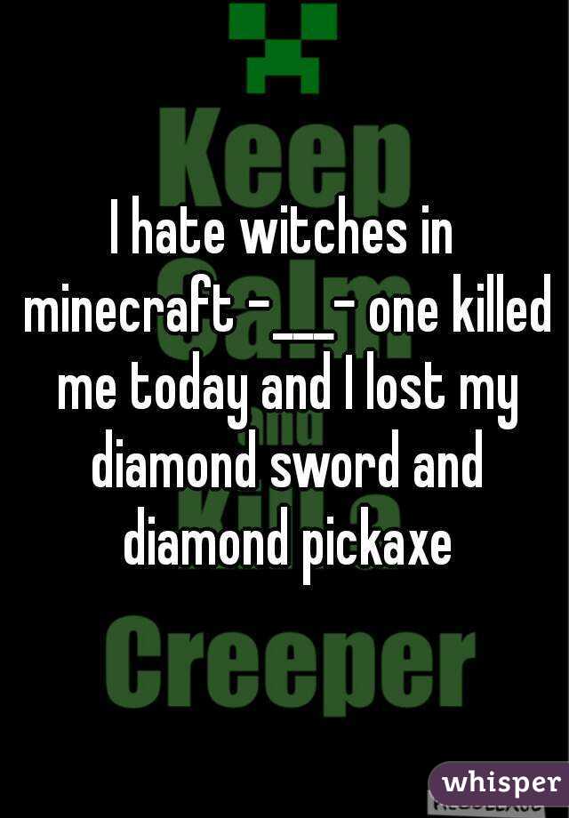 I hate witches in minecraft -___- one killed me today and I lost my diamond sword and diamond pickaxe