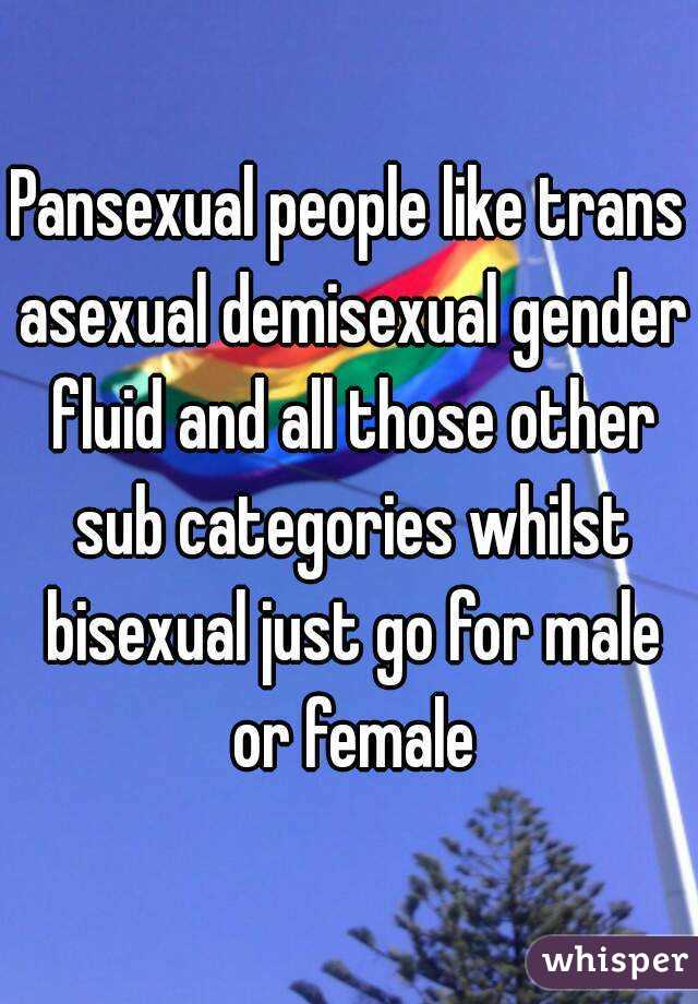 Pansexual people like trans asexual demisexual gender fluid and all those other sub categories whilst bisexual just go for male or female