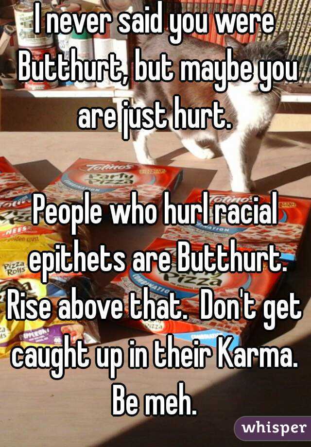 I never said you were Butthurt, but maybe you are just hurt. 

People who hurl racial epithets are Butthurt.
Rise above that.  Don't get caught up in their Karma.  Be meh. 