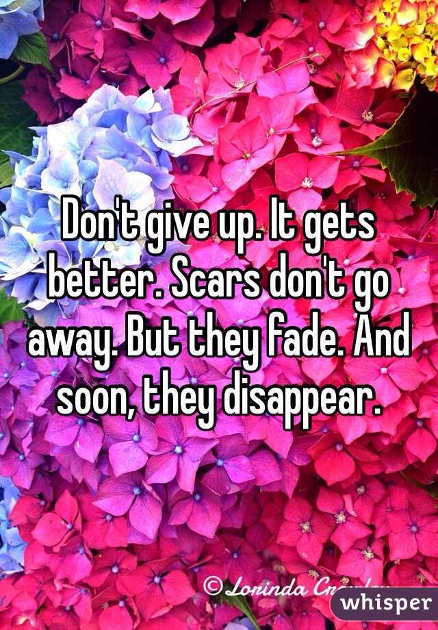 Don't give up. It gets better. Scars don't go away. But they fade. And soon, they disappear. 