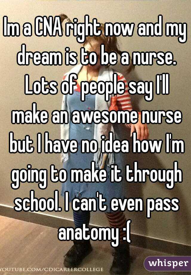 Im a CNA right now and my dream is to be a nurse. Lots of people say I'll make an awesome nurse but I have no idea how I'm going to make it through school. I can't even pass anatomy :( 