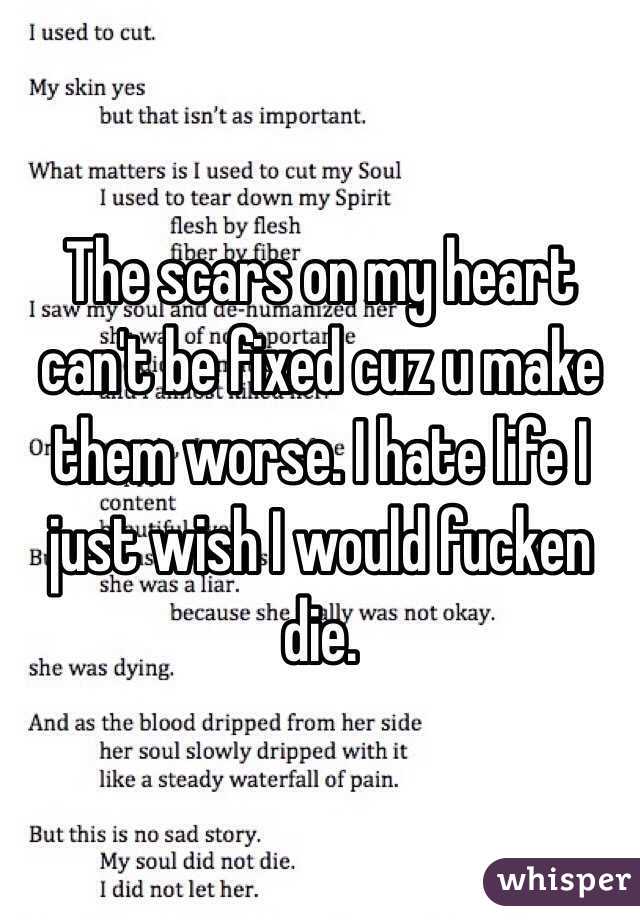 The scars on my heart can't be fixed cuz u make them worse. I hate life I just wish I would fucken die.