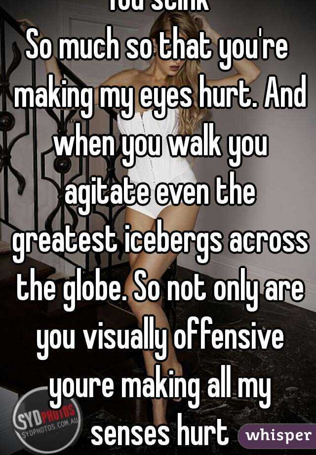 You stink
So much so that you're making my eyes hurt. And when you walk you agitate even the greatest icebergs across the globe. So not only are you visually offensive youre making all my senses hurt