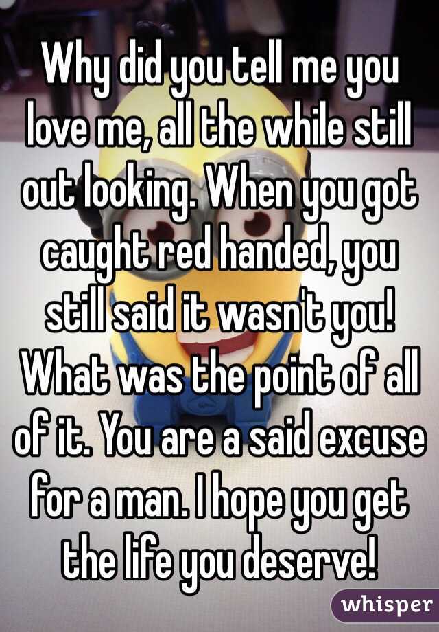 Why did you tell me you love me, all the while still out looking. When you got caught red handed, you still said it wasn't you! What was the point of all of it. You are a said excuse for a man. I hope you get the life you deserve! 