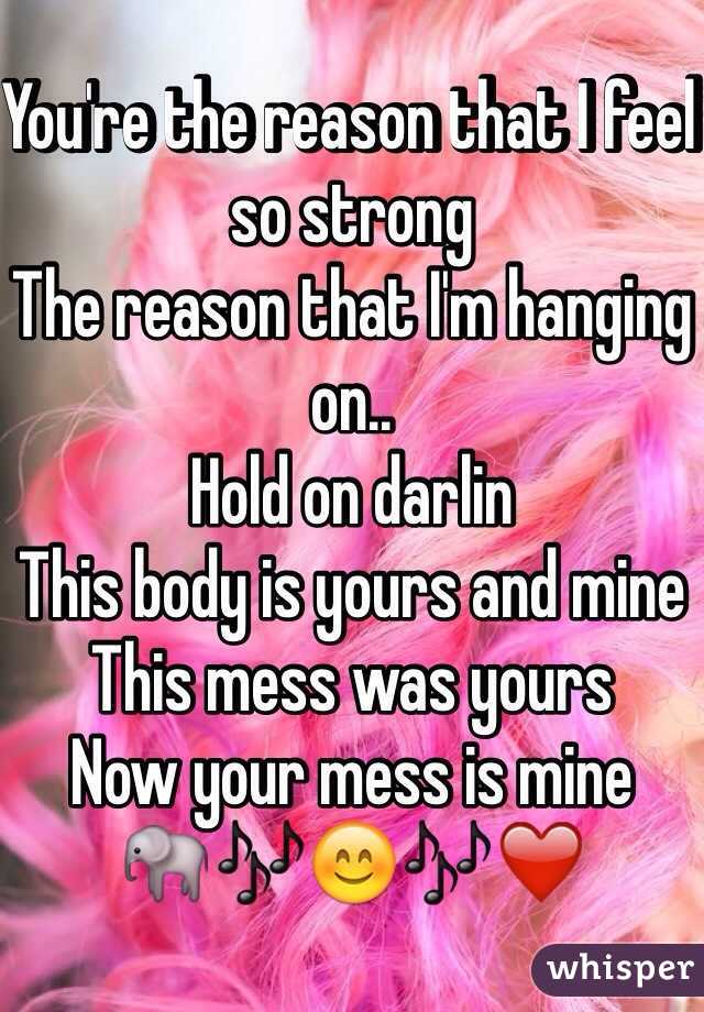 You're the reason that I feel so strong
The reason that I'm hanging on..
Hold on darlin
This body is yours and mine
This mess was yours
Now your mess is mine
🐘🎶😊🎶❤️