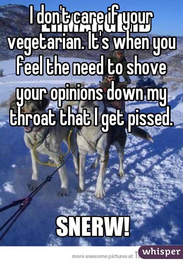 I don't care if your vegetarian. It's when you feel the need to shove your opinions down my throat that I get pissed.