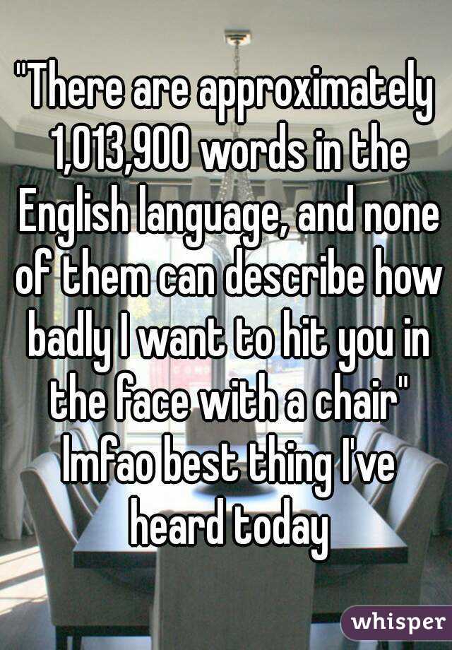 "There are approximately 1,013,900 words in the English language, and none of them can describe how badly I want to hit you in the face with a chair" lmfao best thing I've heard today