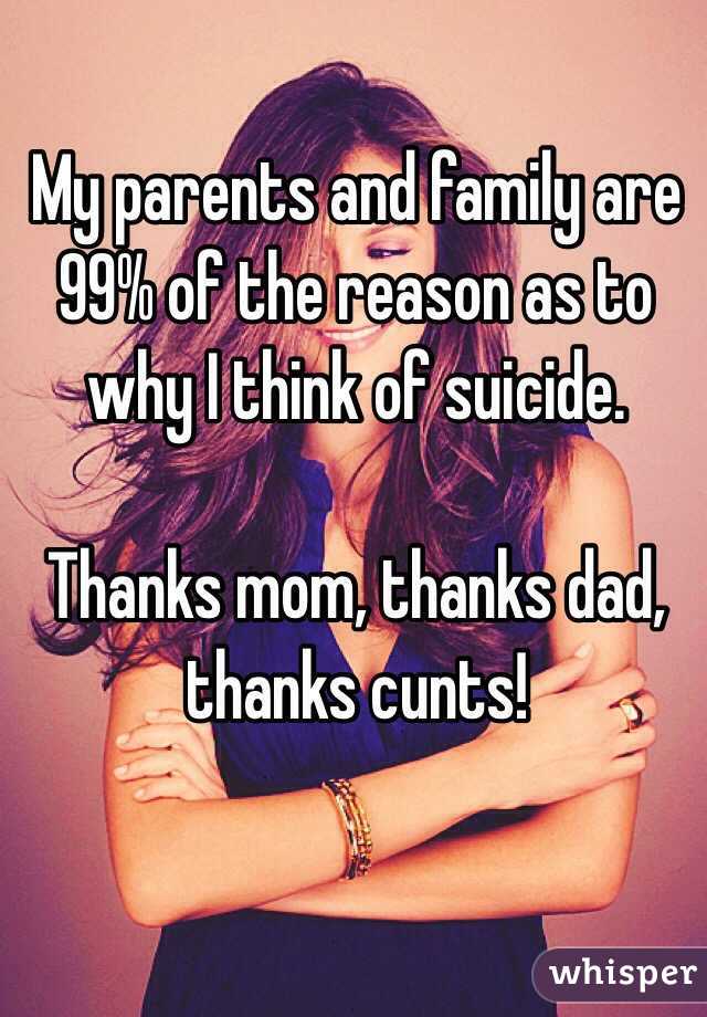 My parents and family are 99% of the reason as to why I think of suicide.

Thanks mom, thanks dad, thanks cunts!
