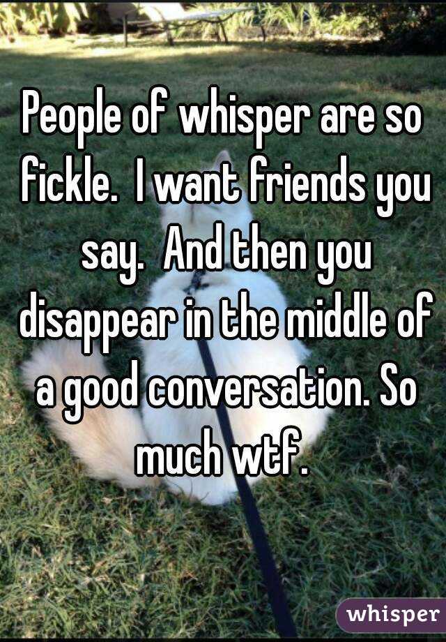 People of whisper are so fickle.  I want friends you say.  And then you disappear in the middle of a good conversation. So much wtf. 