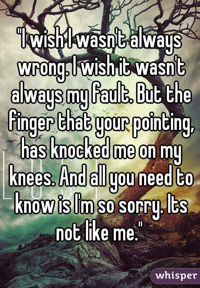 "I wish I wasn't always wrong. I wish it wasn't always my fault. But the finger that your pointing, has knocked me on my knees. And all you need to know is I'm so sorry. Its not like me." 