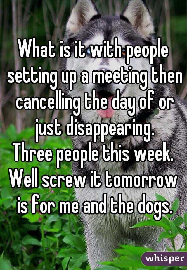 What is it with people setting up a meeting then cancelling the day of or just disappearing.
Three people this week.
Well screw it tomorrow is for me and the dogs.
