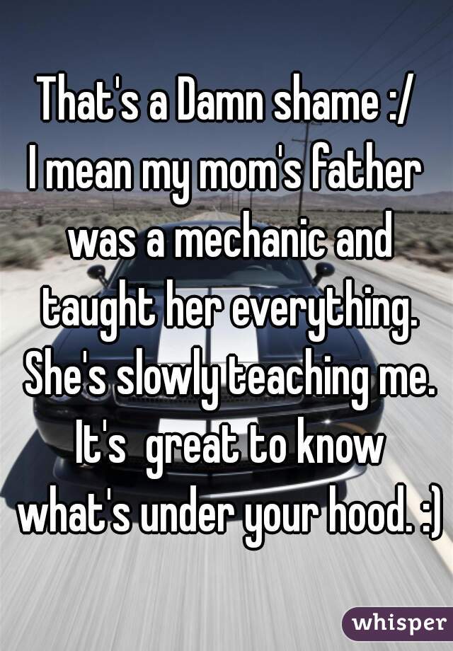 That's a Damn shame :/
I mean my mom's father was a mechanic and taught her everything. She's slowly teaching me. It's  great to know what's under your hood. :)