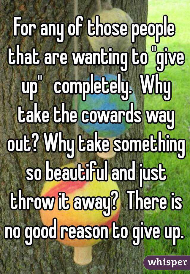 For any of those people that are wanting to "give up"   completely.  Why take the cowards way out? Why take something so beautiful and just throw it away?  There is no good reason to give up. 