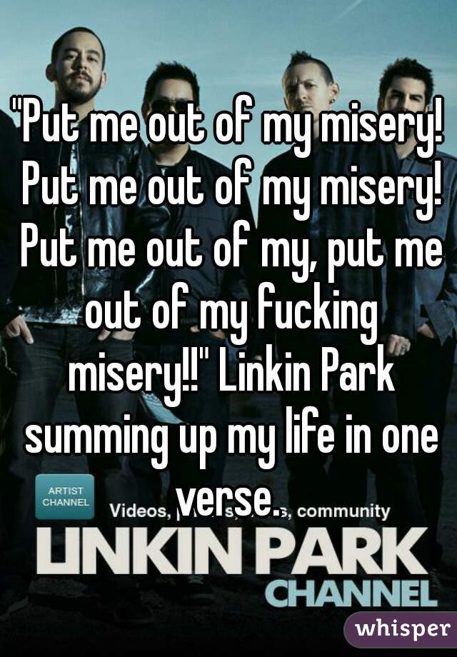 "Put me out of my misery! Put me out of my misery! Put me out of my, put me out of my fucking misery!!" Linkin Park summing up my life in one verse. 