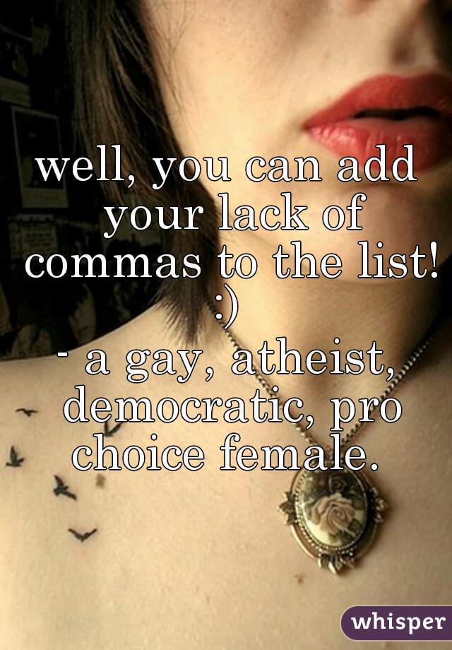 well, you can add your lack of commas to the list! :) 
- a gay, atheist, democratic, pro choice female. 