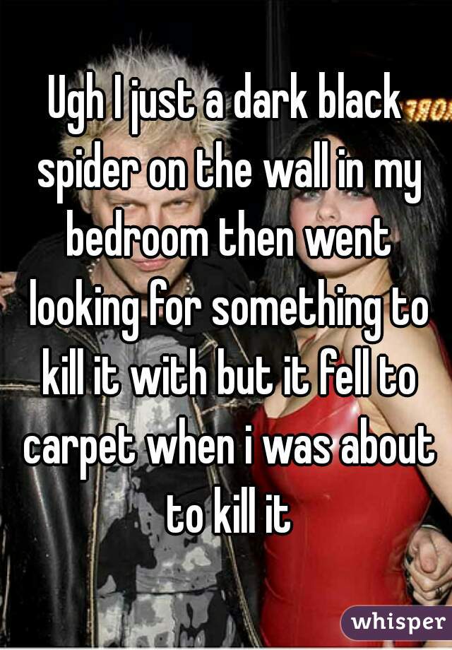Ugh I just a dark black spider on the wall in my bedroom then went looking for something to kill it with but it fell to carpet when i was about to kill it