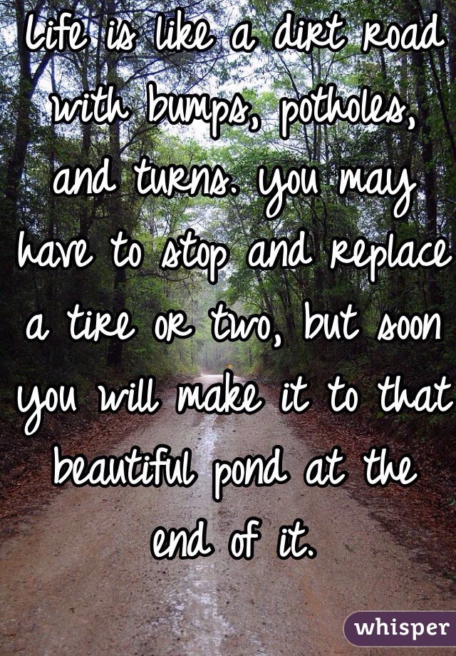 Life is like a dirt road with bumps, potholes, and turns. you may have to stop and replace a tire or two, but soon you will make it to that beautiful pond at the end of it.