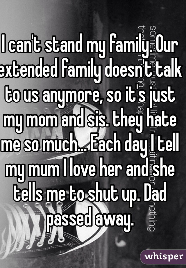 I can't stand my family. Our extended family doesn't talk to us anymore, so it's just my mom and sis. they hate me so much... Each day I tell my mum I love her and she tells me to shut up. Dad passed away.