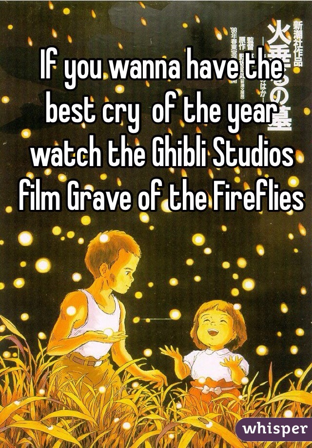 If you wanna have the best cry  of the year watch the Ghibli Studios film Grave of the Fireflies 