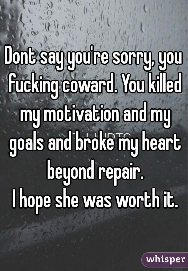 Dont say you're sorry, you fucking coward. You killed my motivation and my goals and broke my heart beyond repair.
 I hope she was worth it.