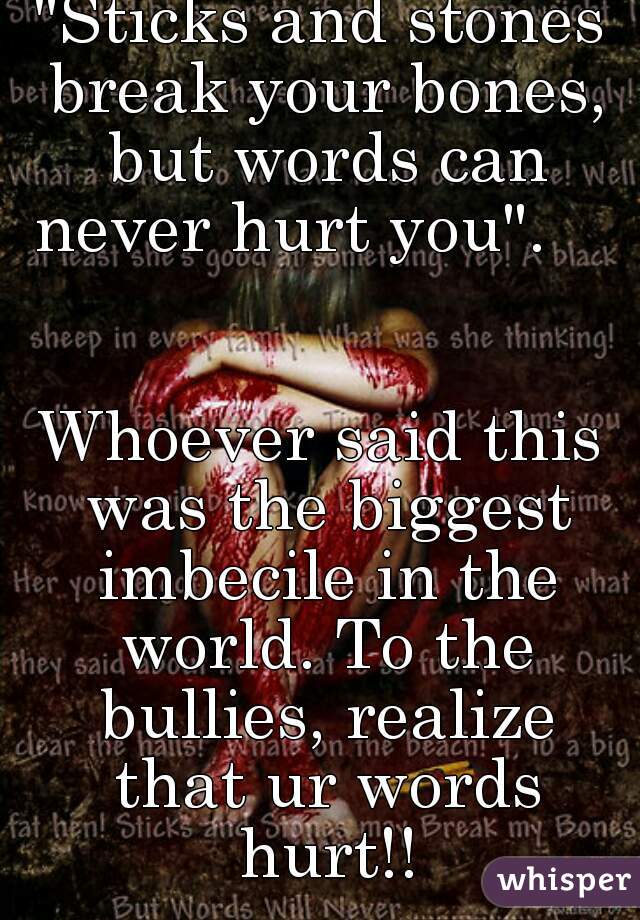 "Sticks and stones break your bones, but words can never hurt you".     

Whoever said this was the biggest imbecile in the world. To the bullies, realize that ur words hurt!!