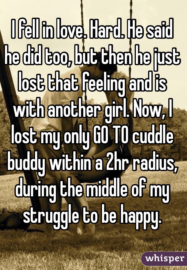 I fell in love. Hard. He said he did too, but then he just lost that feeling and is with another girl. Now, I lost my only GO TO cuddle buddy within a 2hr radius, during the middle of my struggle to be happy.