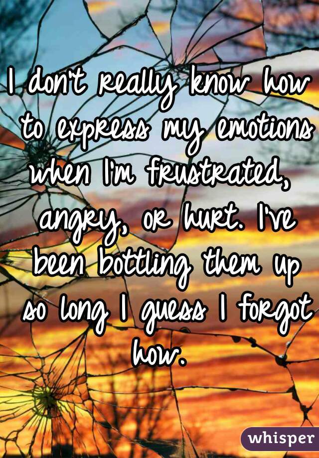 I don't really know how to express my emotions when I'm frustrated, 
 angry, or hurt. I've been bottling them up so long I guess I forgot how. 