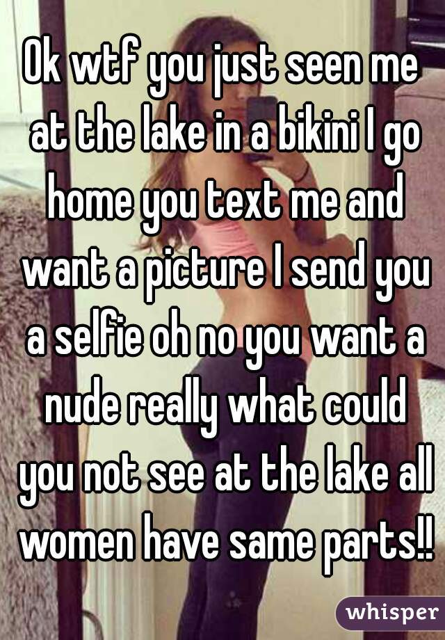 Ok wtf you just seen me at the lake in a bikini I go home you text me and want a picture I send you a selfie oh no you want a nude really what could you not see at the lake all women have same parts!!