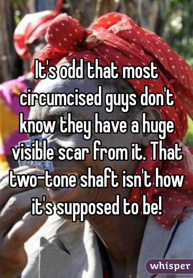 It's odd that most circumcised guys don't know they have a huge visible scar from it. That two-tone shaft isn't how it's supposed to be!