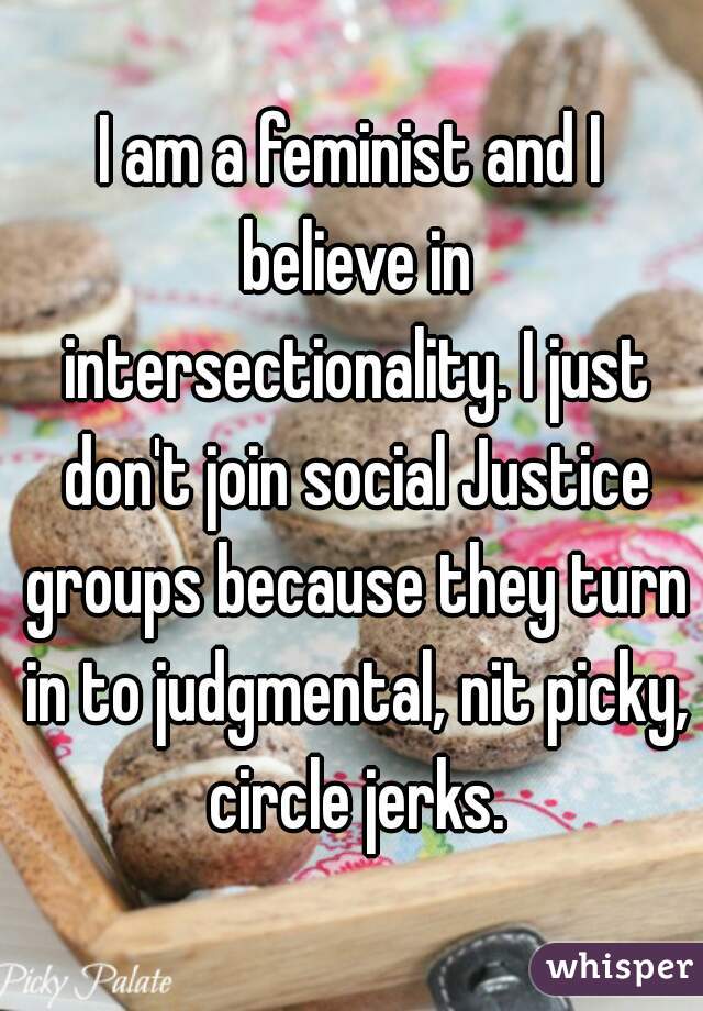 I am a feminist and I believe in intersectionality. I just don't join social Justice groups because they turn in to judgmental, nit picky, circle jerks.