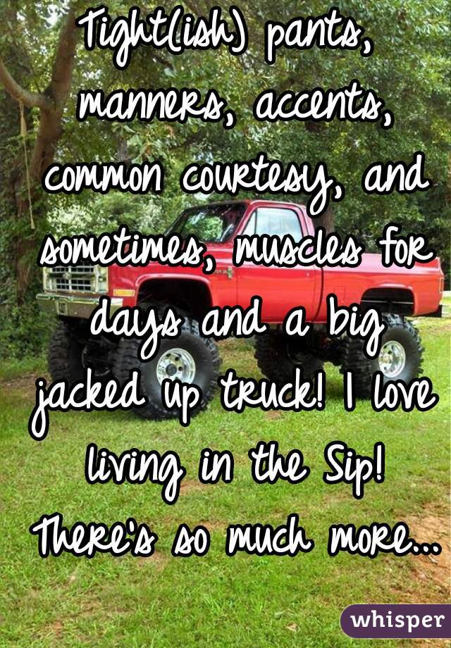 Tight(ish) pants, manners, accents, common courtesy, and sometimes, muscles for days and a big jacked up truck! I love living in the Sip! There's so much more... 