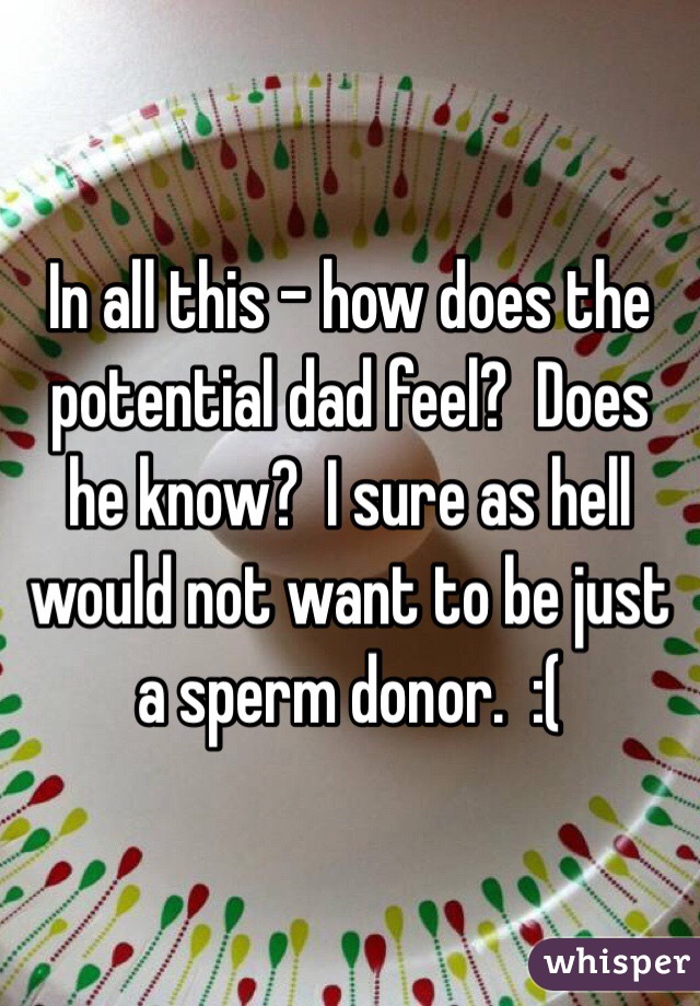 In all this - how does the potential dad feel?  Does he know?  I sure as hell would not want to be just a sperm donor.  :(