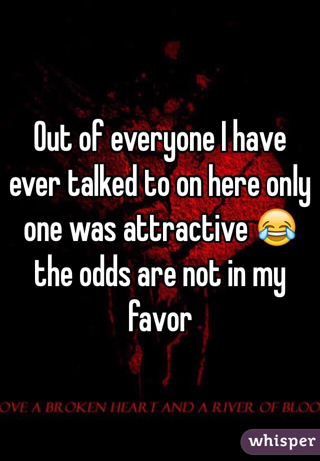 Out of everyone I have ever talked to on here only one was attractive 😂 the odds are not in my favor