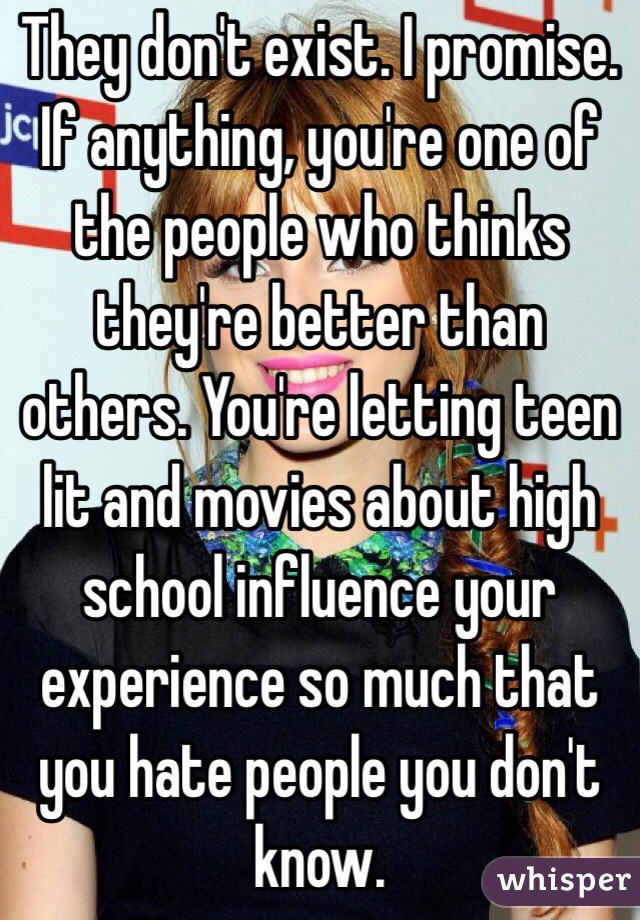 They don't exist. I promise. If anything, you're one of the people who thinks they're better than others. You're letting teen lit and movies about high school influence your experience so much that you hate people you don't know.