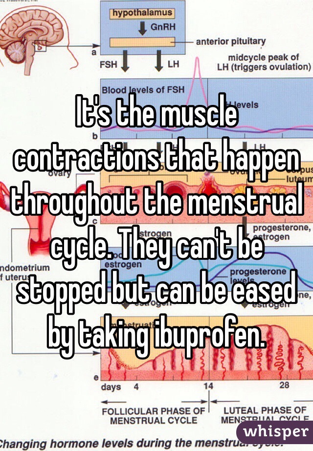 It's the muscle contractions that happen throughout the menstrual cycle. They can't be stopped but can be eased by taking ibuprofen.