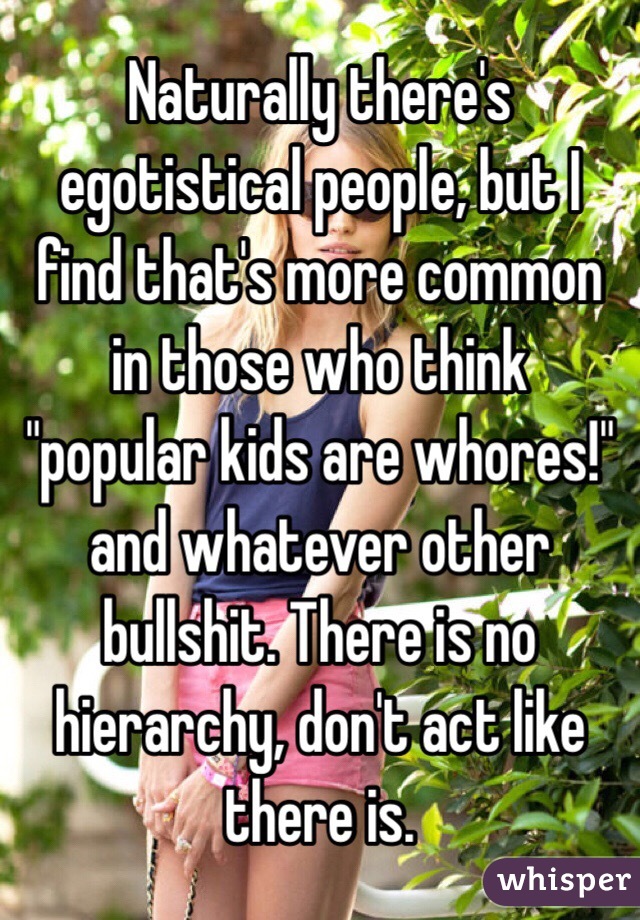 Naturally there's egotistical people, but I find that's more common in those who think "popular kids are whores!" and whatever other bullshit. There is no hierarchy, don't act like there is.