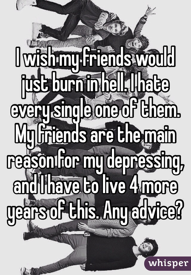 I wish my friends would just burn in hell. I hate every single one of them. My friends are the main reason for my depressing, and I have to live 4 more years of this. Any advice?