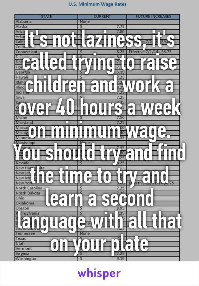 It's not laziness, it's called trying to raise children and work a over 40 hours a week on minimum wage. You should try and find the time to try and learn a second language with all that on your plate