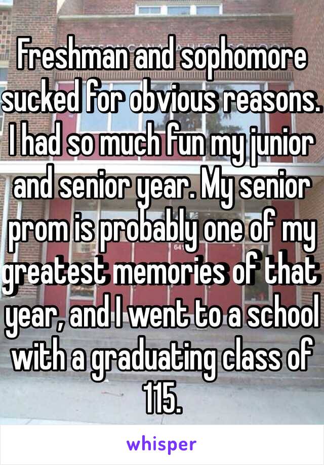 Freshman and sophomore sucked for obvious reasons. I had so much fun my junior and senior year. My senior prom is probably one of my greatest memories of that year, and I went to a school with a graduating class of 115. 