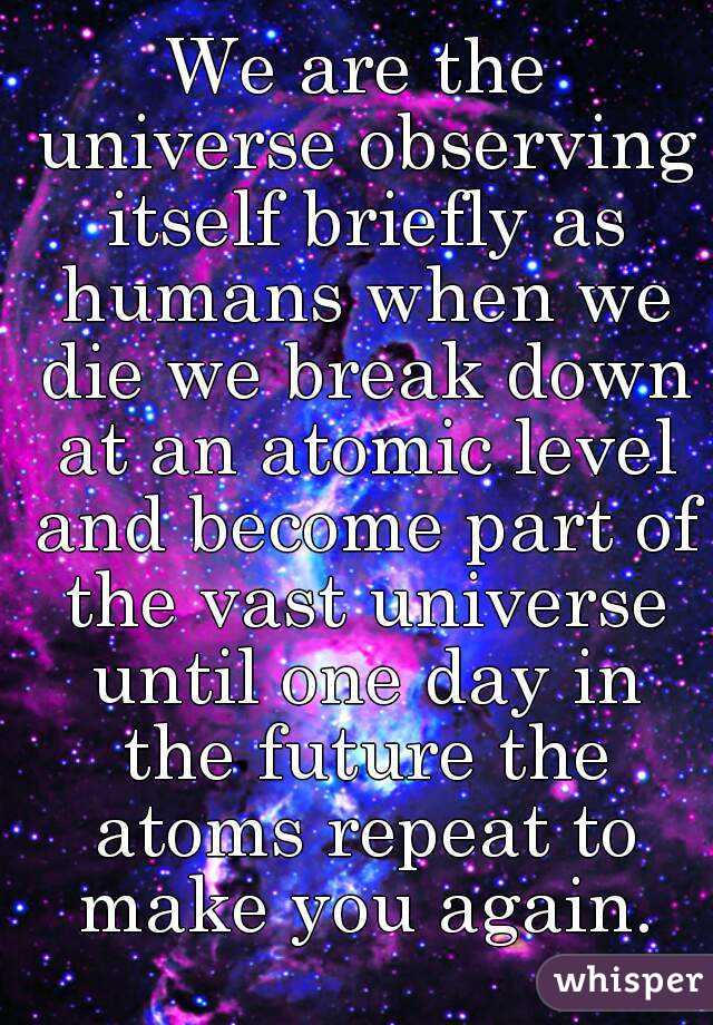 We are the universe observing itself briefly as humans when we die we break down at an atomic level and become part of the vast universe until one day in the future the atoms repeat to make you again.